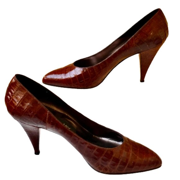 Mr. Jay Vintage 80's Italian Brown Croc Print Leather Pump Pointed Toe - Picture 13 of 16
